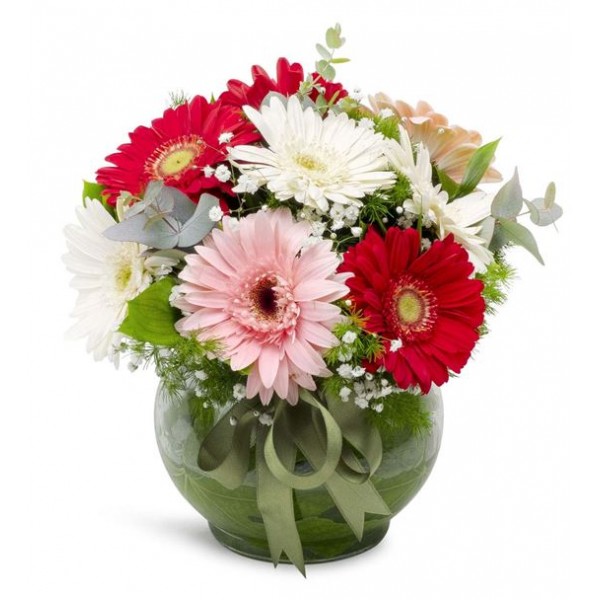 Cam Fanus Rengarenk Gerbera Aranjmanı